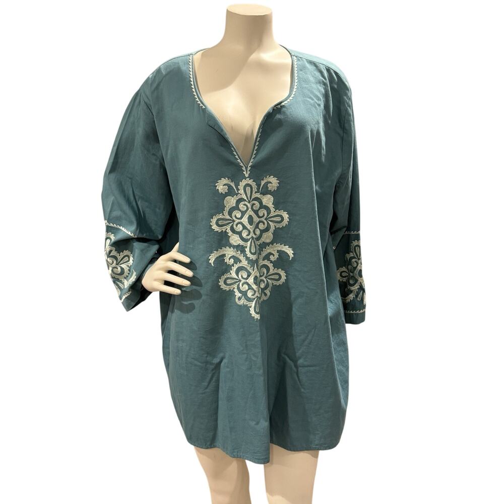 Karen Kane Silk Embroidered Aqua Green Cotton Tunic Top Size 2X Peasant Boho